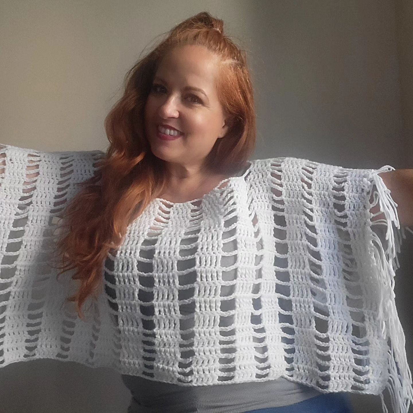 C6-Crochet Mesh Poncho Top with Fringe
