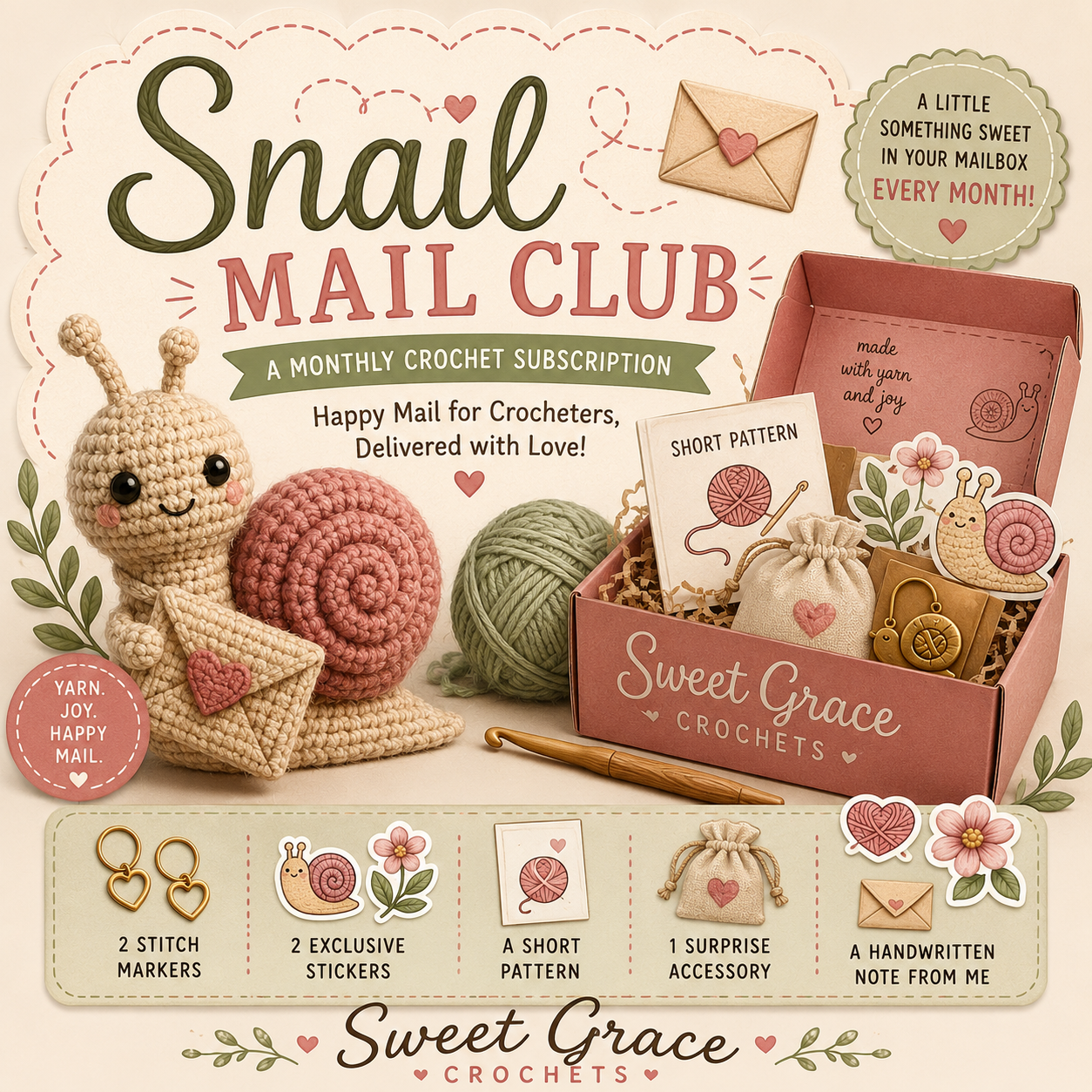 Sweet Grace Happy Mail Crochet Club: Snail Mail June Edition (US ONLY) FREE SHIPPING